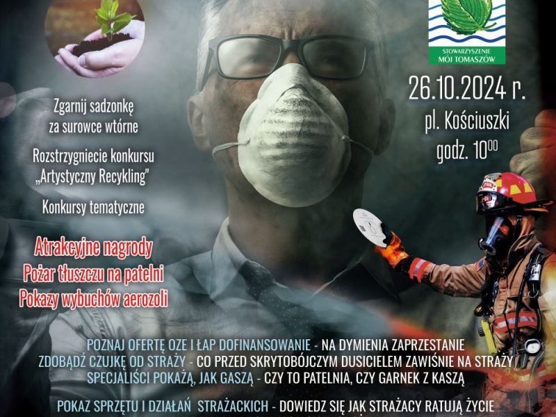 Na zdjęciu informacja w formie plakatu dotycząca ekologicznej akcji edukacyjnej na pl. Kościuszki. Program wydarzenia, prezentowany jest na tle smogu, przed którym chroni się mężczyzna w masce antysmogowej.