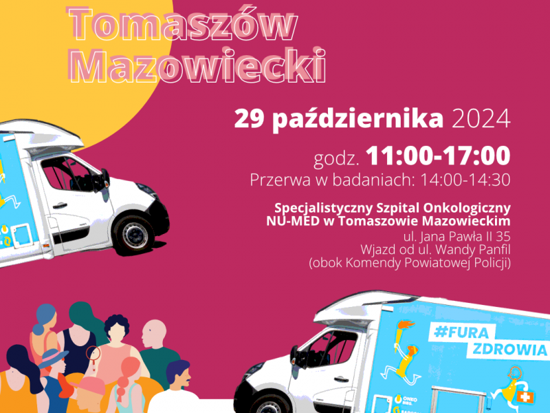 Na zdjęciu plakat promujący badanie znamion w dniu 29.10.2024 r. Na różowym tle grupka pacjentów oczekujących na badania oraz dwa samochody - mobilne gabinety  